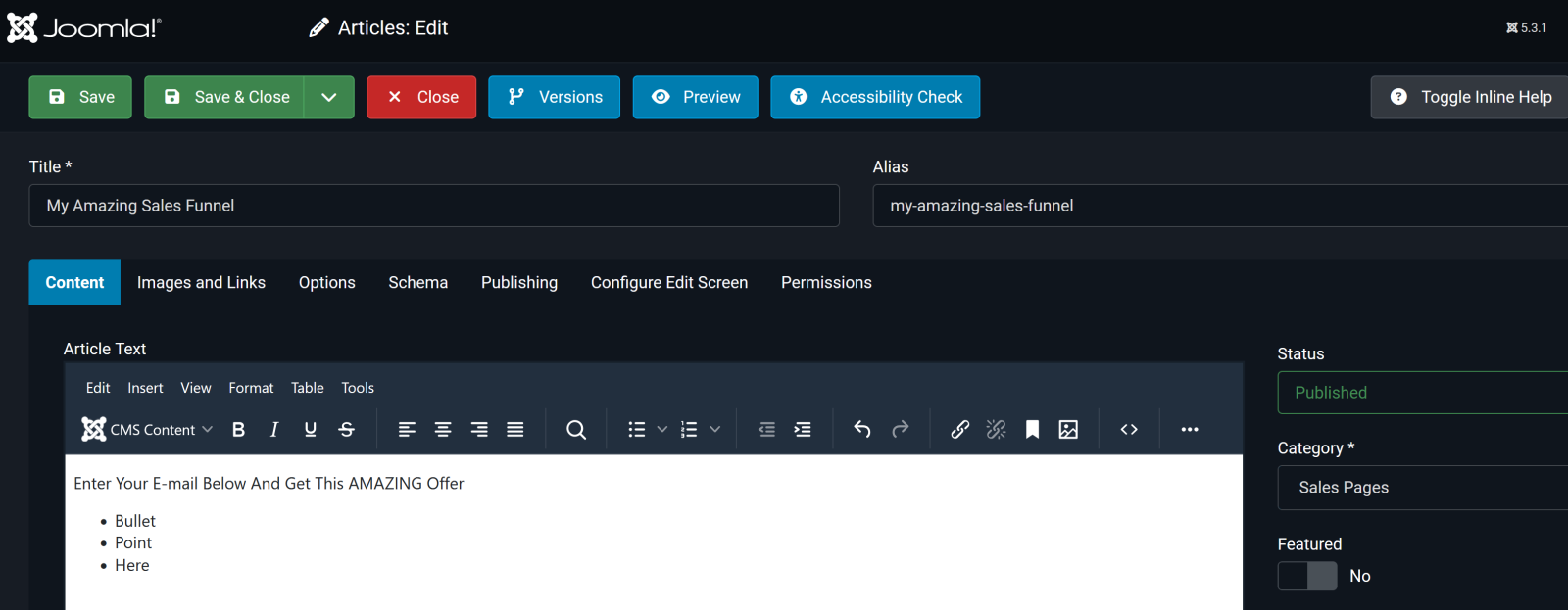 Create a Joomla article